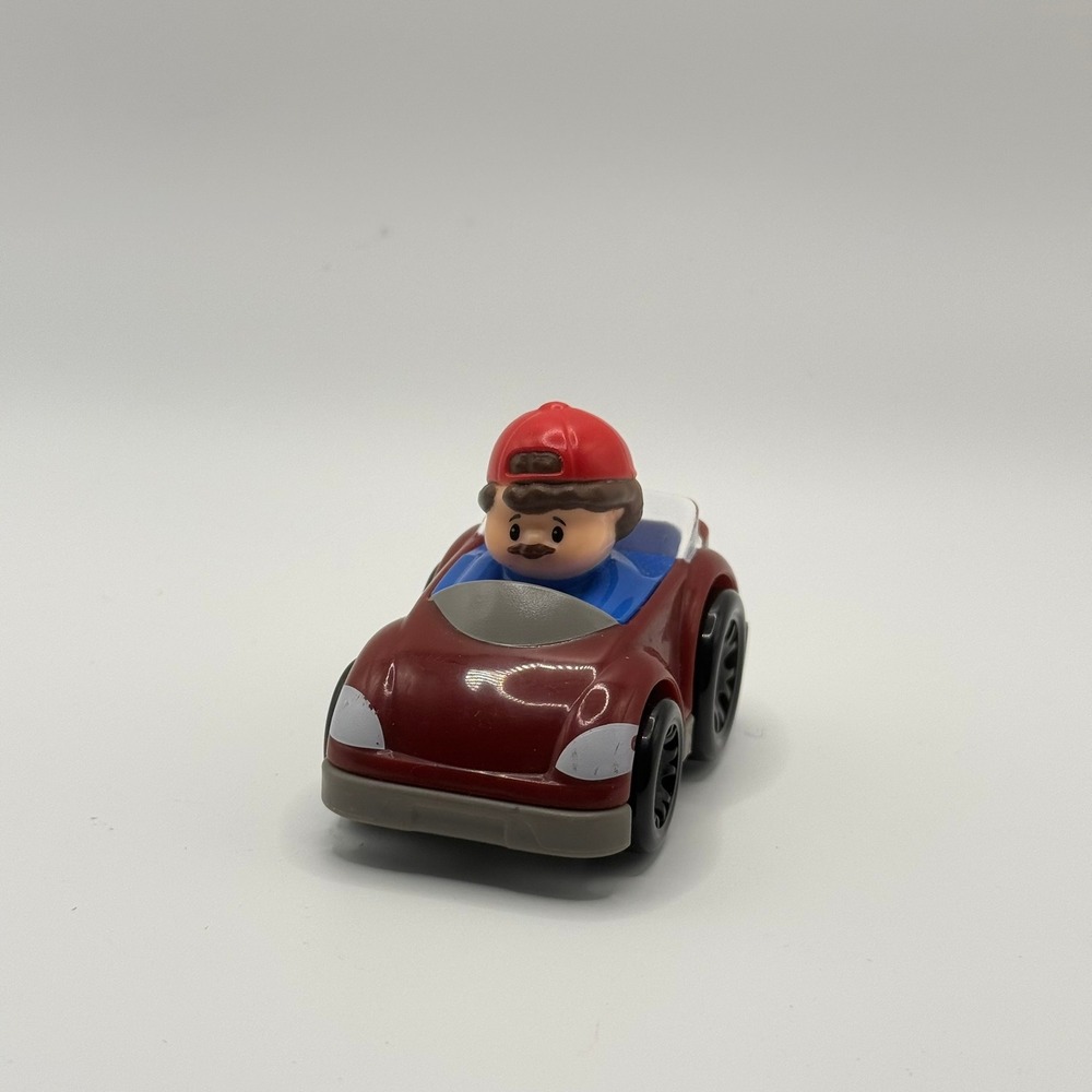 Fisher Price Little People Wheelies Maroon Race Car Mustache Driver Red Hat 2016